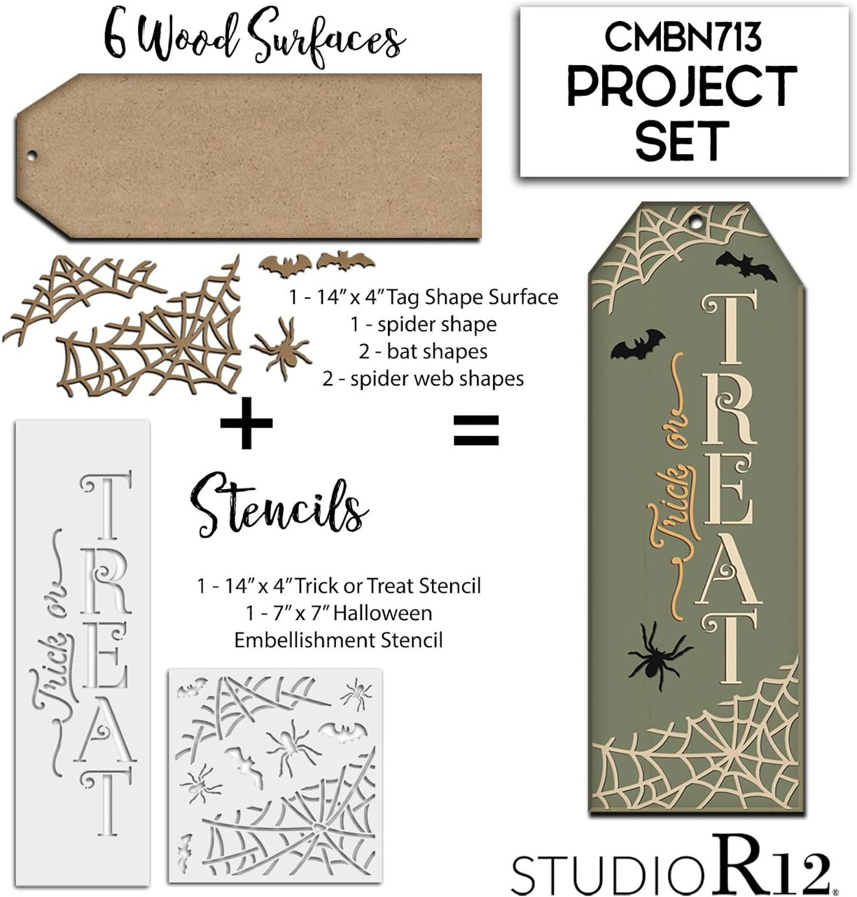 Trick or Treat Tag Sign Project Set by StudioR12 - USA Made - DIY Spider Web and Bat Halloween Home Decor - Surface & Stencil Kit - CMBN713