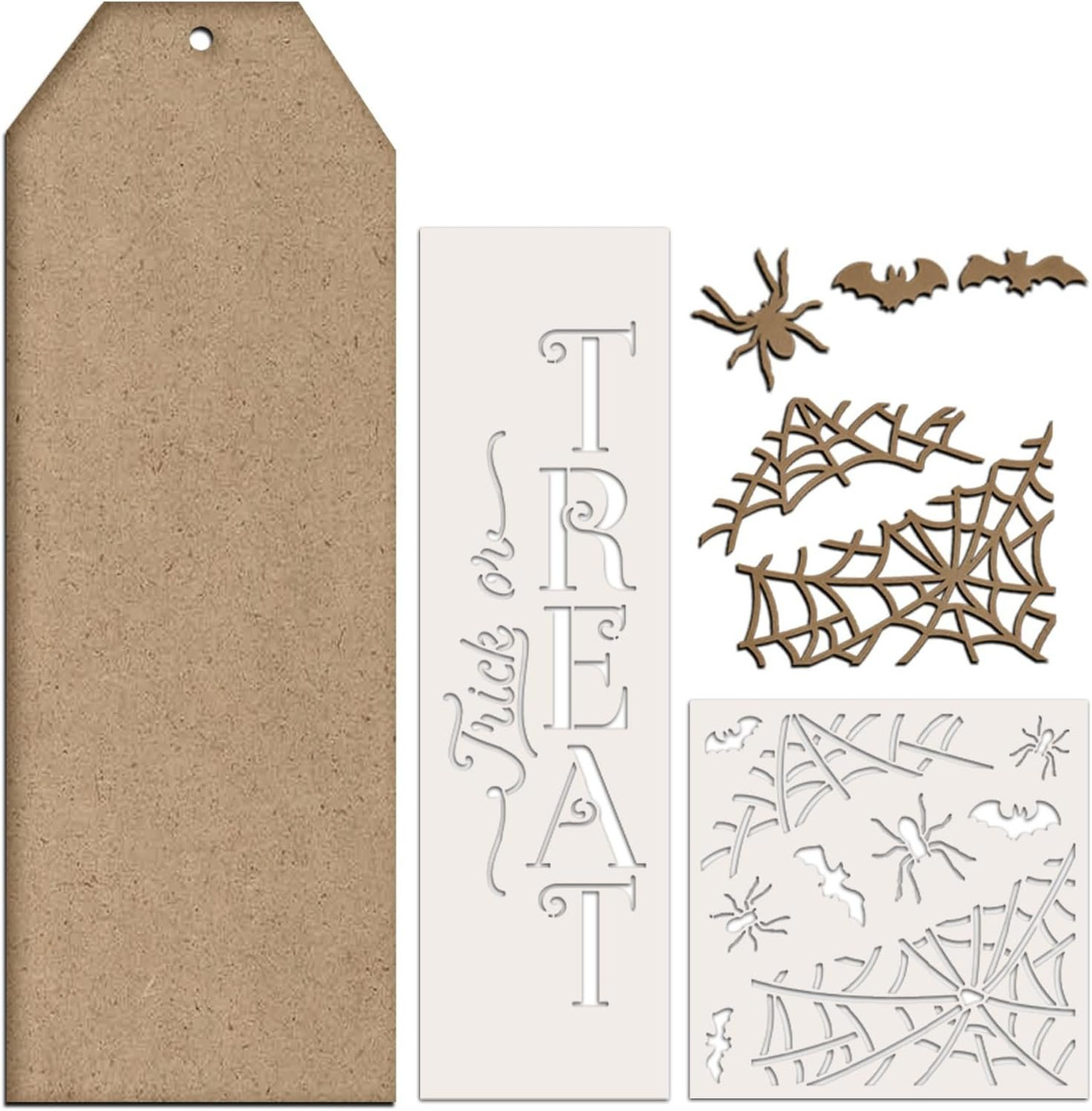 Trick or Treat Tag Sign Project Set by StudioR12 - USA Made - DIY Spider Web and Bat Halloween Home Decor - Surface & Stencil Kit - CMBN713
