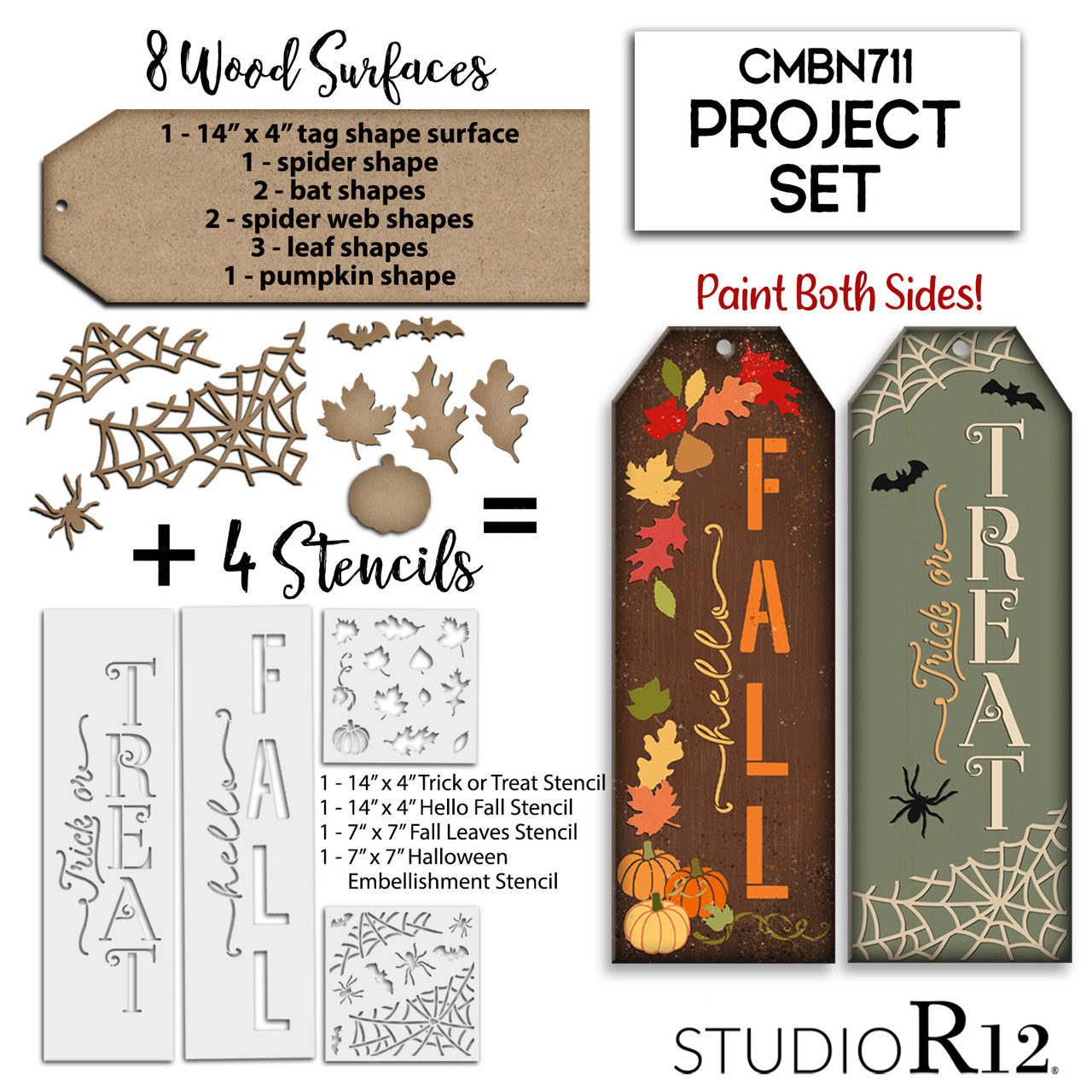 Reversible Fall & Halloween Tag Sign Project Set by StudioR12 - USA Made - DIY Hello Fall Decor Kit - Autumn Leaves Spiders Bats - CMBN711