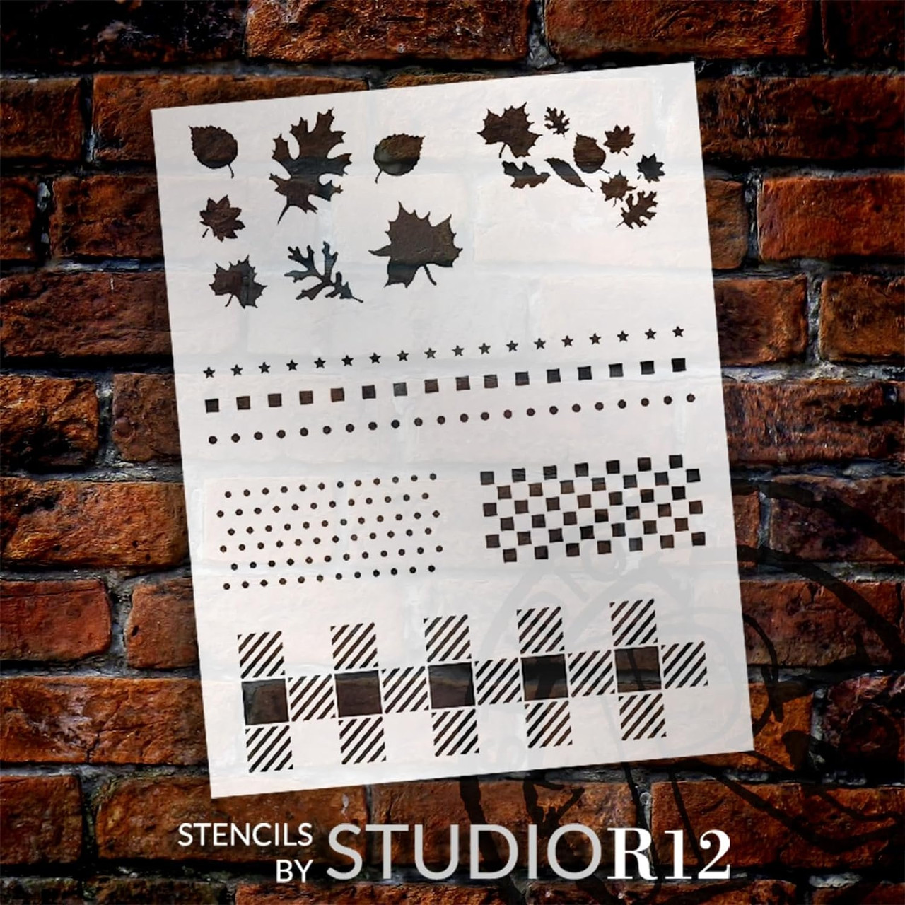 Fall Pattern Stencil by StudioR12 - USA Made - Reusable Template for DIY Decor & Painting - Buffalo Plaid, Check, Autumn Leaves, Polka Dots - STCL7189