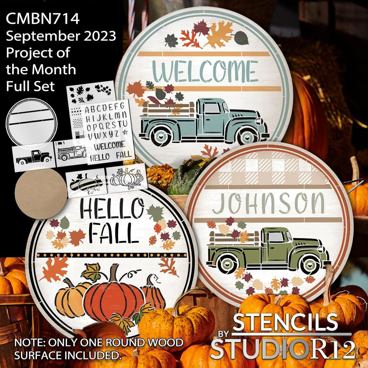 Custom Fall Door Hanger Project Set by StudioR12 - USA Made - Vintage Truck & Autumn Leaves DIY Decor - Stencil and Surface Kit - CMBN714