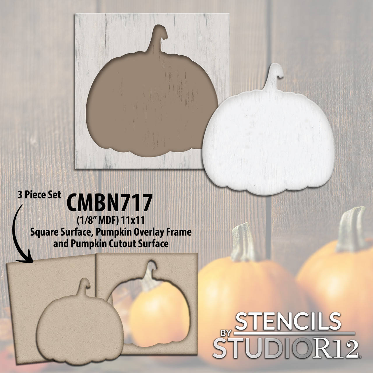 Pumpkin Frame, Cutout & Square Surface Set - 1/8" MDF - Unfinished Wood Blank for DIY Fall Decor - Ready to Paint Surfaces for Crafting - CMBN717