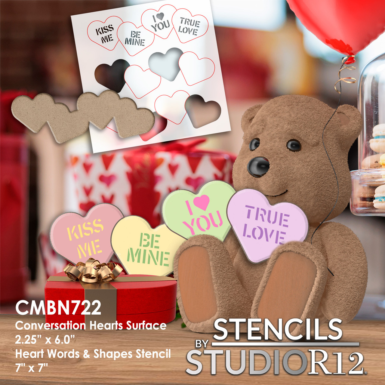 Candy Hearts Surface & Stencil Set - Unfinished Blank Valentine Wood Cutout - Ready to Paint DIY Conversation Heart Embellishment - CMBN722