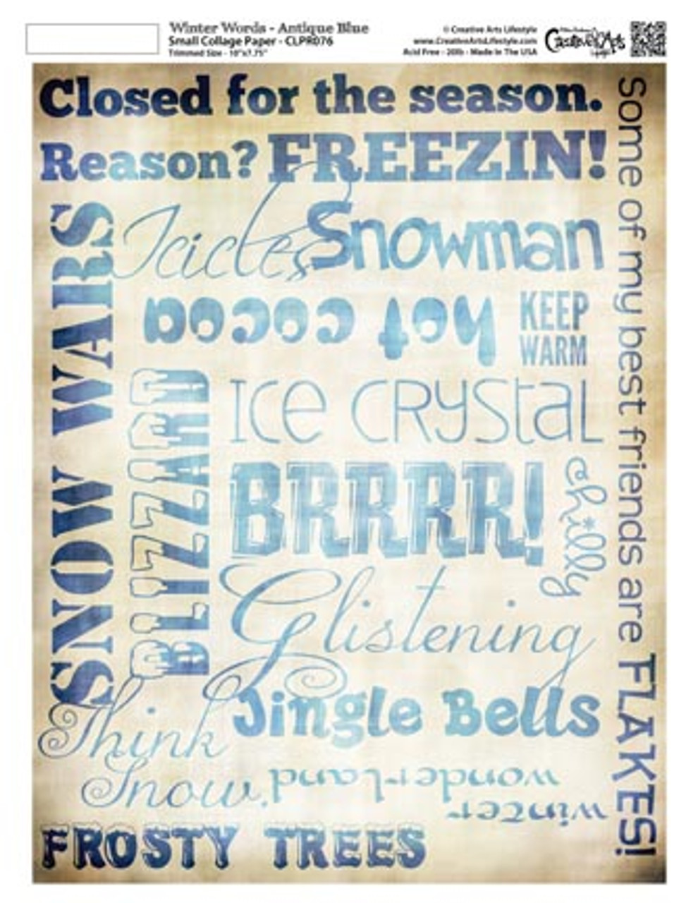 Winter Words Collage Paper - Antique Blue - 8" x 10 1/2"