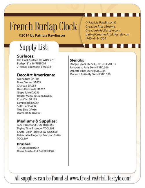 French Burlap Clock Pattern Packet - Patricia Rawlinson