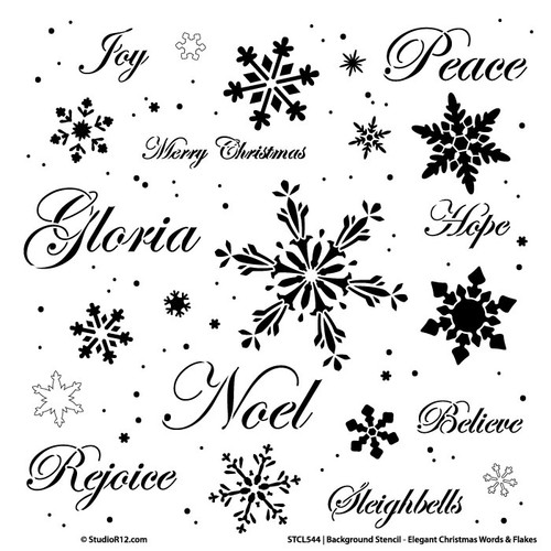 Background Words Stencil - Elegant Christmas Words & Snowflakes - 20" x 20"