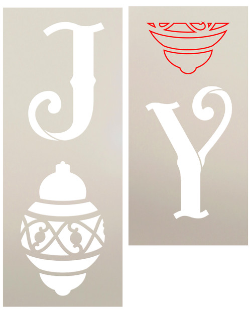 Joy Tall Porch Stencil with Christmas Ornament by StudioR12 | 2 Piece | DIY Large Vertical Holiday Home Decor | Front Door Entryway | Craft Paint Wood Leaner Signs | Reusable Mylar Template | Size 4ft