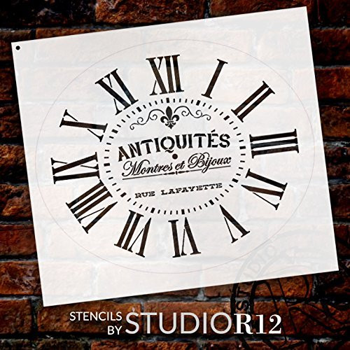 Oval Clock Stencil w/Roman Numerals - French Antique Words - DIY Painting Vintage Country Farmhouse Home Decor for Walls - SELECT SIZE (15" x 18")