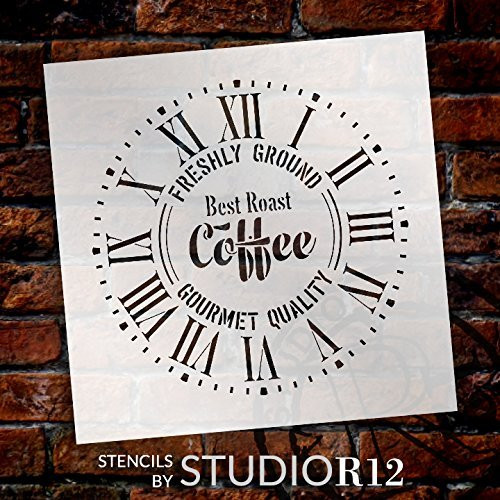 Round Coffee Clock Stencil Roman Numerals - DIY Painting Wood Clocks Vintage Rustic Farmhouse Country Home Decor for Walls - Select Size