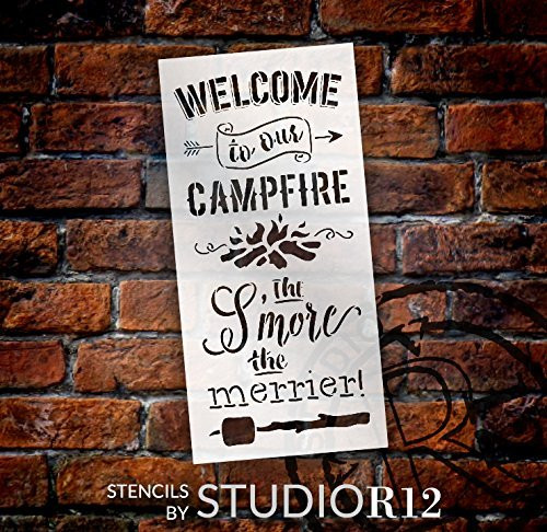 Welcome to Our Campfire Stencil - The S'More The Merrier -with Arrows and Marshmallow by StudioR12 |for Painting on Wood Signs DIY Home Decor Porch Firepit Summer Fall Autumn |Select Size