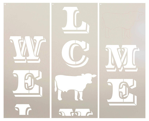 Welcome Tall Porch Stencil with Cow by StudioR12 | 3 Piece | DIY Large Vertical Outdoor Farmhouse Home Decor | Front Door Entryway | Craft & Paint Wood Leaner Sign | Reusable Mylar Template | Size 6ft