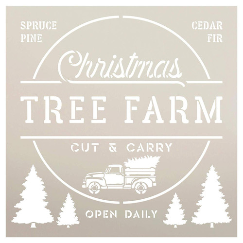 Christmas Tree Farm Stencil with Red Truck by StudioR12 | Cut & Carry | Open Daily | DIY Vintage Holiday Home Decor | Craft & Paint Wood Signs | Reusable Mylar Template | Select Size