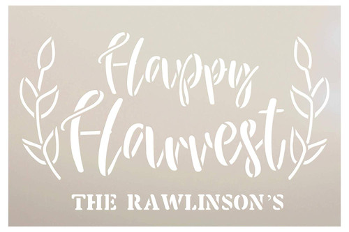 Personalized Happy Harvest Stencil with Wheat | Custom Cursive Family Name | DIY Fall Farmhouse Home Decor | Rustic Autumn Grain | Craft & Paint Wood Signs | Reusable Mylar Template | Select Size