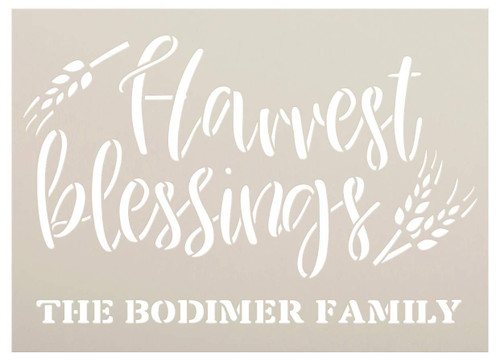 Personalized Harvest Blessings Stencil with Wheat | Custom Cursive Family Name | DIY Fall Farmhouse Home Decor | Rustic Autumn Grain | Craft & Paint Wood Signs | Reusable Mylar Template | Select Size
