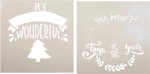 Most Wonderful Time of The Year 2-Part Stencil with Christmas Tree by StudioR12 | DIY Embellished Holiday Home Decor | Winter Song Lyric Art | Paint Wood Signs | Mylar Template | Size (9 x 9 inch)