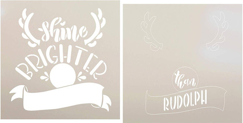Shine Brighter Than Rudolph 2-Part Stencil with Antlers by StudioR12 | DIY Red Nose Reindeer Christmas Home Decor | Farmhouse Holiday Word Art | Paint Wood Signs | Mylar Template | Size (9 x 9 inch)