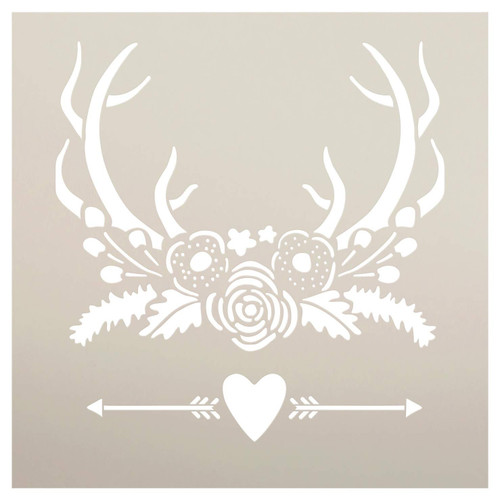 Deer Antlers Flowers & Arrows Stencil by StudioR12 | Rustic Heart Garden Gift | DIY Rose She Shed Home Decor | Craft Nature Hunting Farmhouse | Reusable Mylar Template | Paint Wood Sign