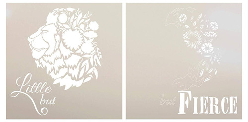 Little But Fierce 2-Part Stencil with Lion by StudioR12 | DIY Inspirational Home or Nursery Decor | Boho Floral Quote Word Art | Craft & Paint Wood Signs | Mylar Template | Select Size