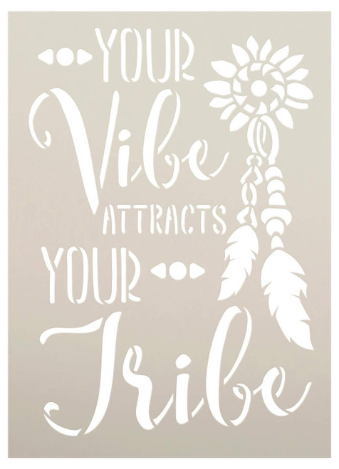 Your Vibe Attracts Your Tribe Stencil with Feathers by StudioR12 | DIY Boho Embellished Home Decor | Tribal Script Word Art | Paint Wood Sign | Reusable Mylar Template | Select Size