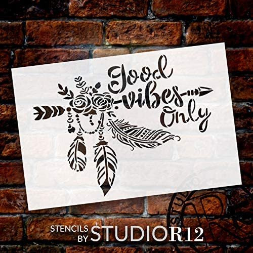 Good Vibes Only Stencil by StudioR12 | DIY Boho Arrow Rose Feather Home Decor Gift | Craft & Paint Wood Sign | Reusable Mylar Template | Select Size