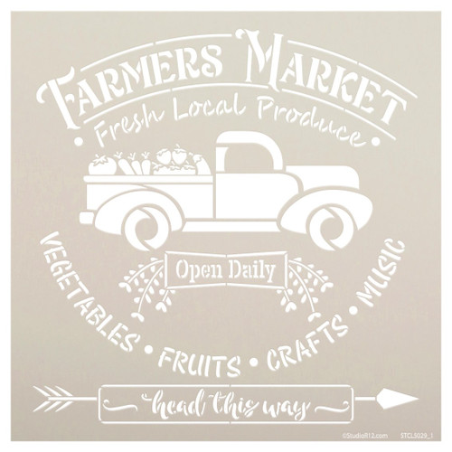 Farmers Market Stencil with Vintage Truck by StudioR12 | DIY Farmhouse Kitchen Home Decor | Open Daily | Paint Wood Sign | Select Size