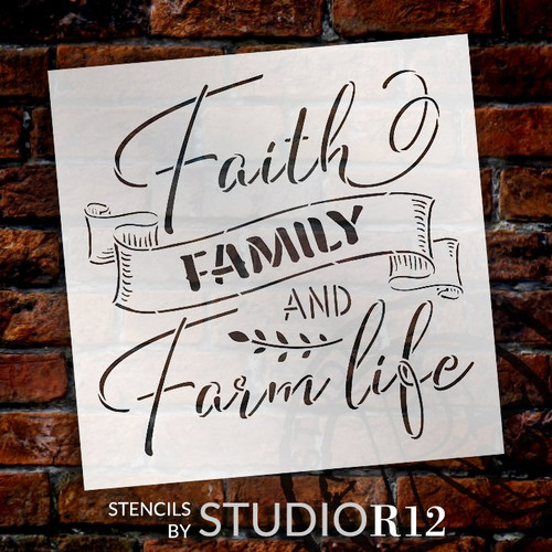 Faith, Family, and Farm Life Stencil by StudioR12 | DIY Country Farmhouse Home Decor | Craft & Paint Rustic Wood Signs | Select Size