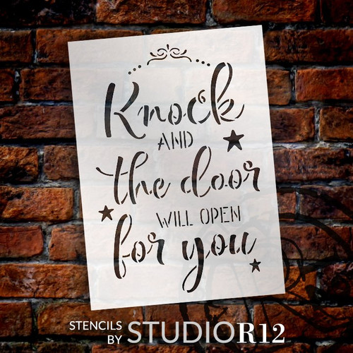 Knock and The Door Will Open for You Stencil with Stars by StudioR12 | DIY Inspirational Faith Farmhouse Home Decor | Select Size