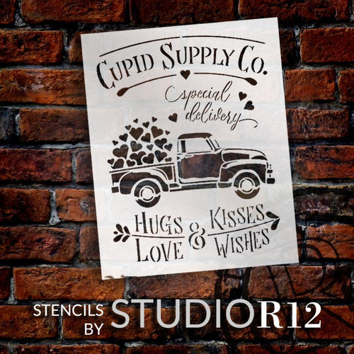 Cupid Supply Co Stencil with Hearts & Vintage Truck by StudioR12 | DIY Valentine Home Decor | Craft & Paint Wood Signs | Select Size