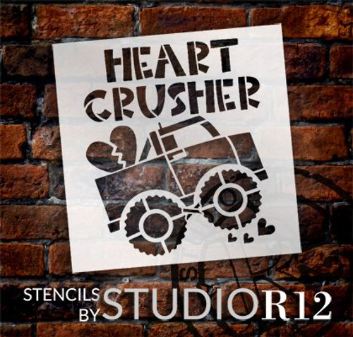 Heart Crusher Stencil with Monster Truck by StudioR12 | Fun DIY Boys Valentine | Craft & Paint Wood Signs and Home Decor | Select Size