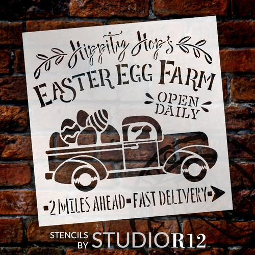 Hippity Hop's Easter Egg Farm Stencil with Vintage Truck by StudioR12 | DIY Spring Farmhouse Home Decor | Paint Wood Sign | Select Size