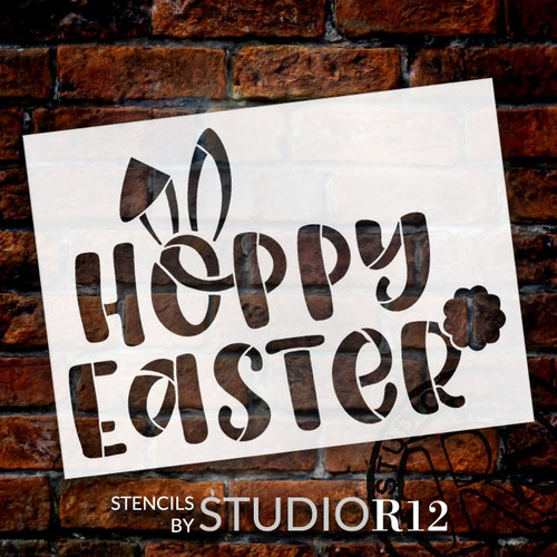 Hoppy Easter Stencil with Bunny Ears by StudioR12 | DIY Fun Spring Home Decor | Craft & Paint Farmhouse Wood Signs | Select Size