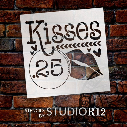 Kisses 25 Cents Stencil with Lips & Hearts by StudioR12 | DIY Simple Valentine's Day Home Decor | Craft & Paint Wood Sign | Select Size
