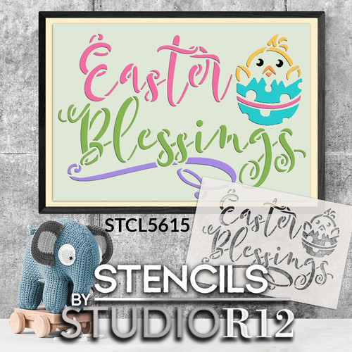 Easter Blessings Stencil with Chicks by StudioR12 | DIY Spring Script Home Decor | Craft & Paint Farmhouse Wood Signs | Select Size