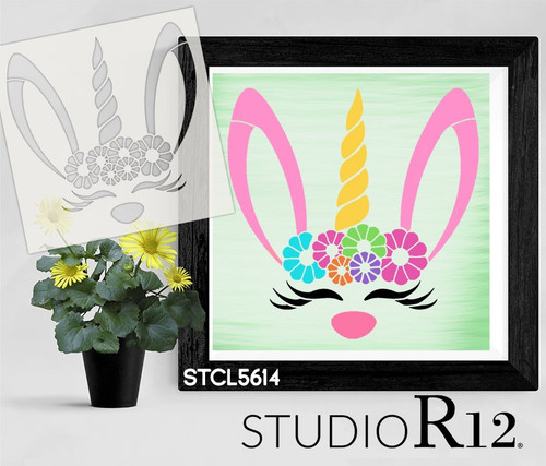 Easter Bunny Unicorn Stencil with Flower Crown by StudioR12 | DIY Spring Home Decor | Craft & Paint Fun Wood Sign for Kids | Select Size