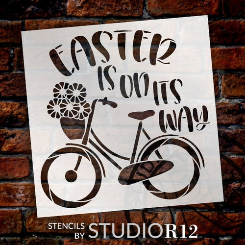 Easter is On Its Way Stencil with Bike by StudioR12 | DIY Spring Floral Home Decor | Craft & Paint Farmhouse Wood Signs | Select Size