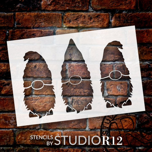 Three Gnomes Stencil by StudioR12 | DIY Seasonal Farmhouse Home Decor | Reusable Gnome Template | Crafting & Painting | Select Size