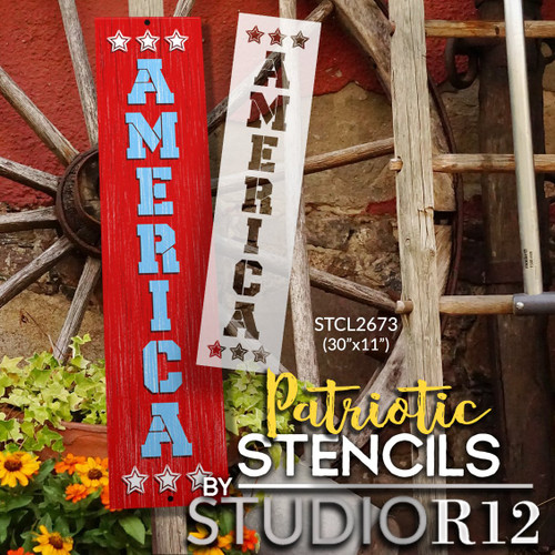 America Vertical Stencil with Stars by StudioR12 | DIY Patriotic Porch Decor | Paint Fourth of July Tall Wood Leaner Sign | Select Size