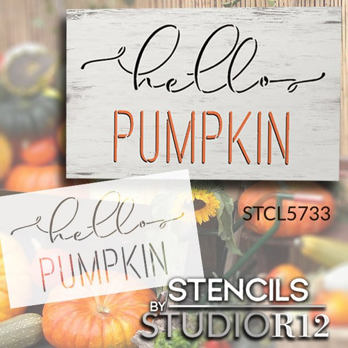 Hello Pumpkin Cursive Script Stencil by StudioR12 | DIY Autumn Fall Home Decor | Craft & Paint Wood Sign | Reusable Mylar Template | Select Size