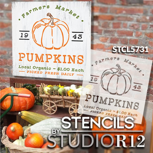 Farmers Market Pumpkins 1943 Stencil by StudioR12 | Craft DIY Fall Autumn Farmhouse Home Decor | Paint Wood Sign Reusable Mylar Template | Select Size