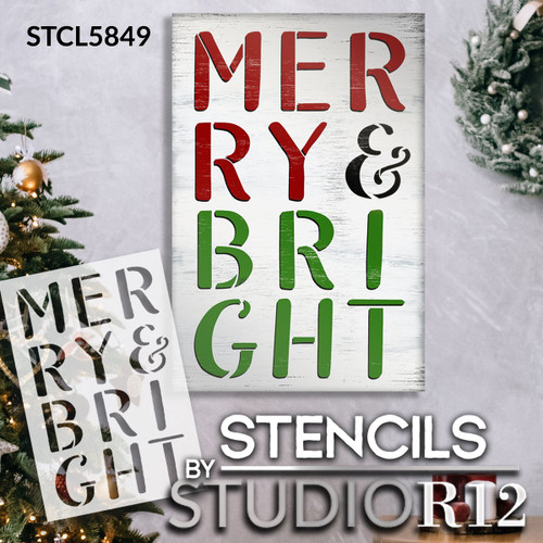 Merry & Bright Stacked Letter Stencil by StudioR12 | Craft DIY Christmas Holiday Home Decor | Paint Wood Sign | Reusable Mylar Template | Select Size