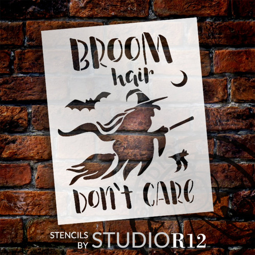 Broom Hair Don't Care Stencil by StudioR12 | Craft DIY Fall Autumn Halloween Witch Home Decor | Paint Wood Sign Reusable Mylar Template | Select Size