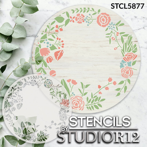 Round Floral Embellishment Stencil by StudioR12 | Flower & Vine Wreath Pattern Stencils for Painting | Reusable Template | Size (18 x 18 inch)