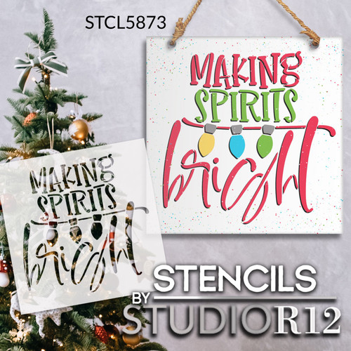 Making Spirits Bright Stencil with Christmas Lights by StudioR12 | DIY Modern Holiday Home Decor | Craft & Paint Wood Sign | Select Size