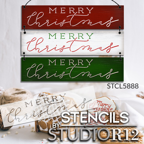 Merry Christmas Stencil by StudioR12 | Craft DIY Holiday Farmhouse Home Decor | Paint Cursive Script Wood Sign | Reusable Mylar Template | Select Size