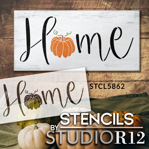 Home Pumpkin Stencil by StudioR12 | Craft DIY Fall Cursive Script Home Decor | Paint Autumn Farmhouse Wood Sign Reusable Mylar Template | Select Size