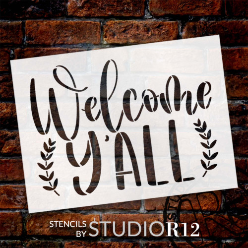 Welcome Y'all with Laurels Stencil by StudioR12 | Craft DIY Farmhouse Home Decor | Paint Wood Sign | Reusable Mylar Template | Select Size