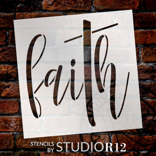 Faith Script with Cross Stencil by StudioR12 | Craft DIY Inspiration Home Decor | Paint Wood Sign | Reusable Mylar Template | Select Size