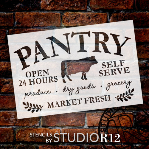 Farmhouse Pantry Open with Cow Stencil by StudioR12 | Self Serve Produce and Dry Goods | Craft DIY Rustic Pantry and Kitchen Decor | Select Size