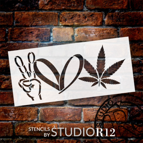 Peace Love Weed Stencil for Painting by StudioR12 | Peace Hand Sign Heart Marijuana Leaf | Paint & Craft DIY Hippie Living Room Decor | Select Size