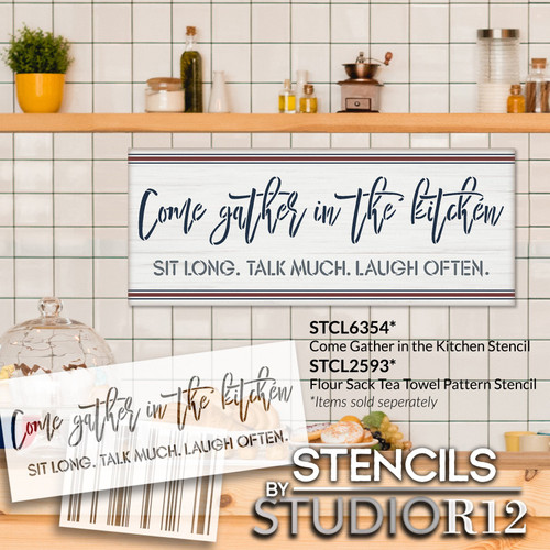 Come Gather in The Kitchen Script Stencil by StudioR12 | Craft DIY Rustic Farmhouse Kitchen Decor | Paint Wood, Canvas or Fabric Sign | Select Size